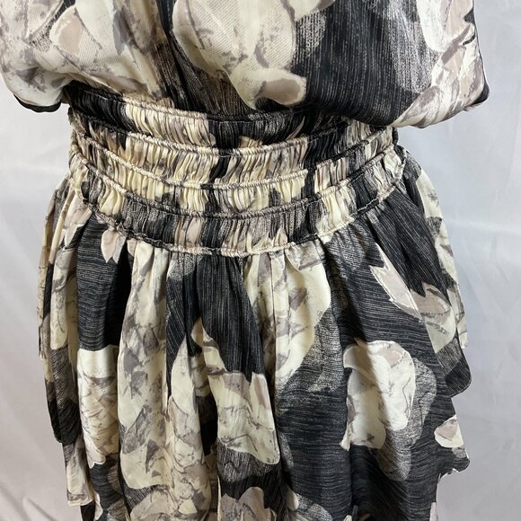 Halston Heritage Dress S Gray Cream Floral Elastic Waist Tiered Butterfly Sleeve - Picture 6 of 14